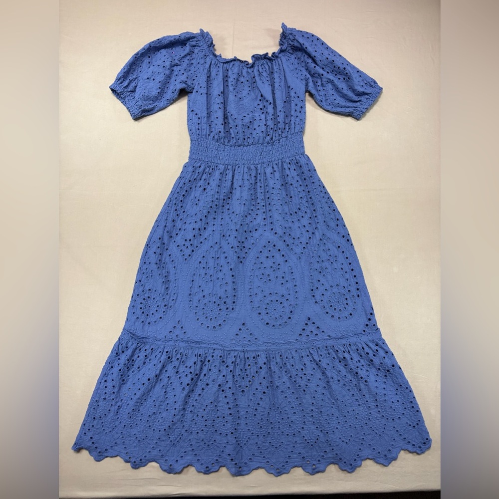 Betsey Johnson Women's Blue Midi Eyelet Short Sleeve Dress Size Small